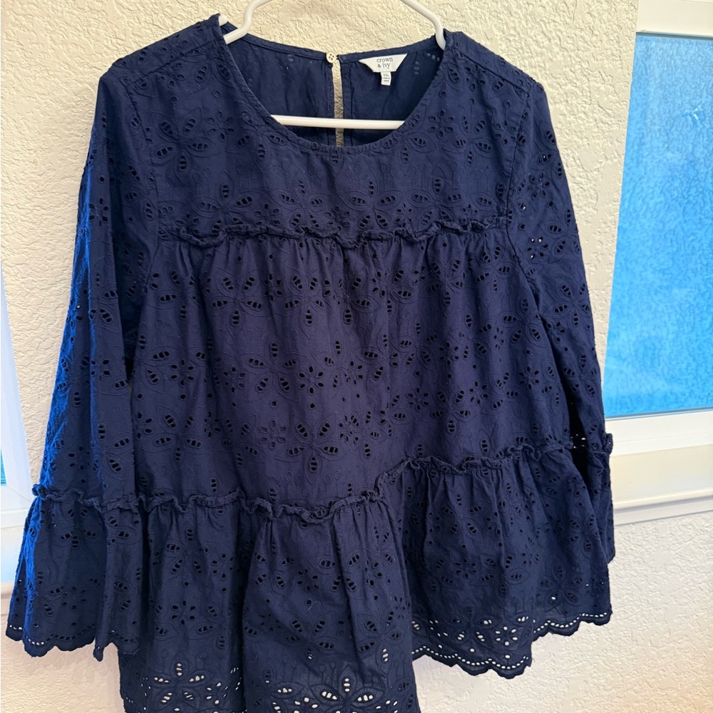 Navy Blue 100% Cotton Eyelet Blouse by Crown & Ivory-Boho Flutter Sleeve XXL - Picture 4 of 17